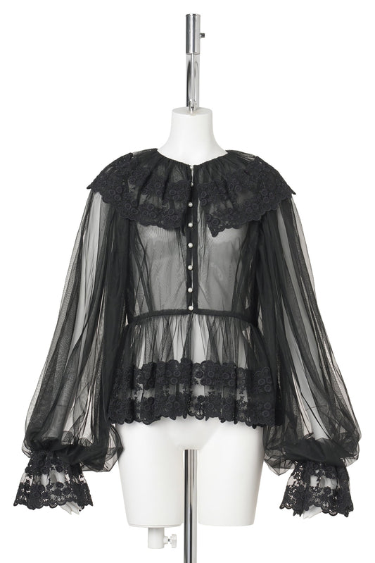 DENTELLE TAPE TULLE BLOUSE / BLACK