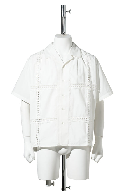 PANEL LACE S/S OPEN COLLAR SHIRT / WHITE