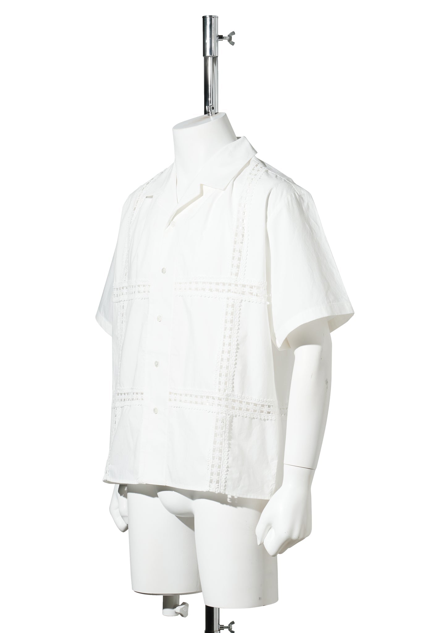 PANEL LACE S/S OPEN COLLAR SHIRT / WHITE