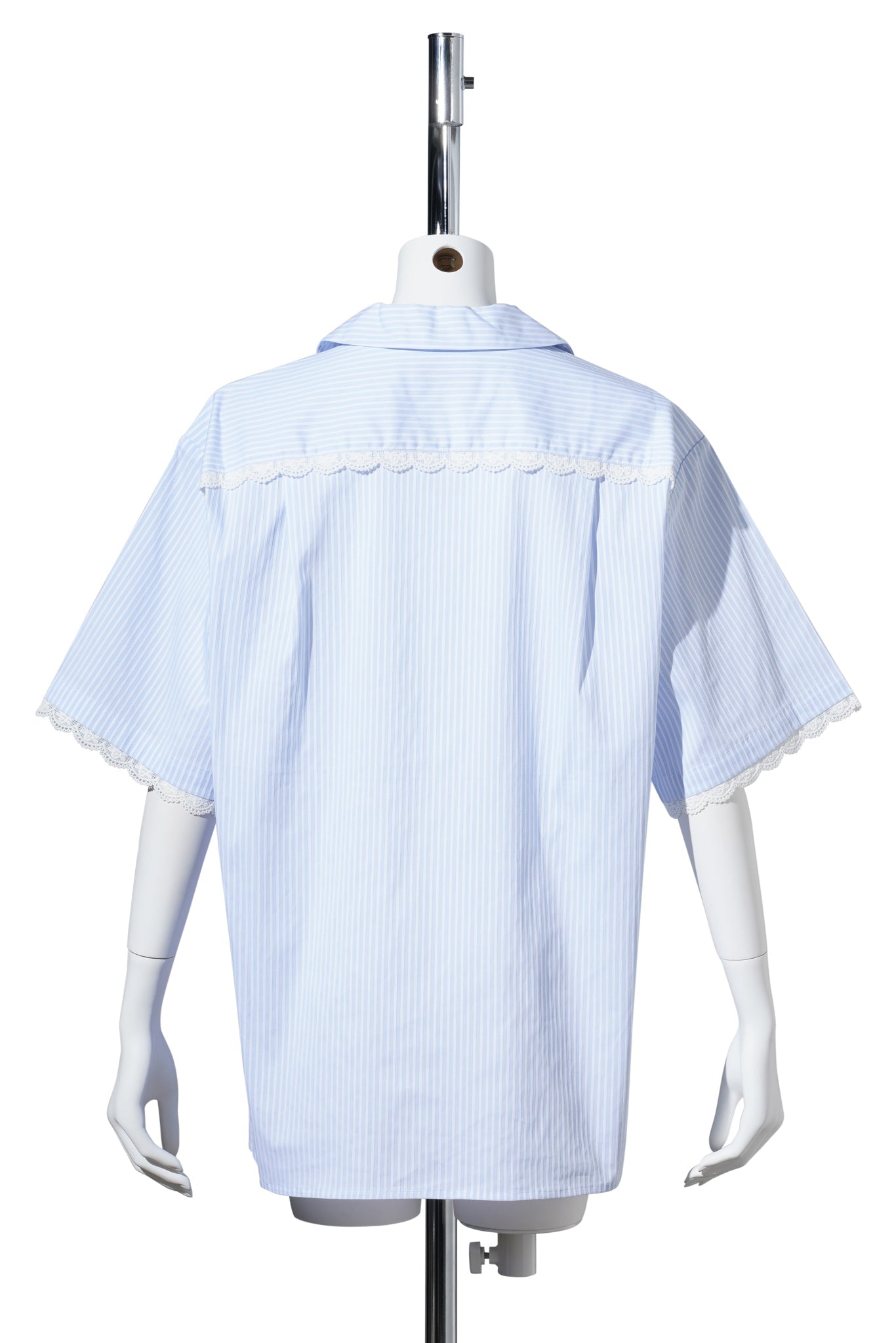 LACE TRIMMED OPEN COLLAR S/S SHIRT / BLUE STRIPE