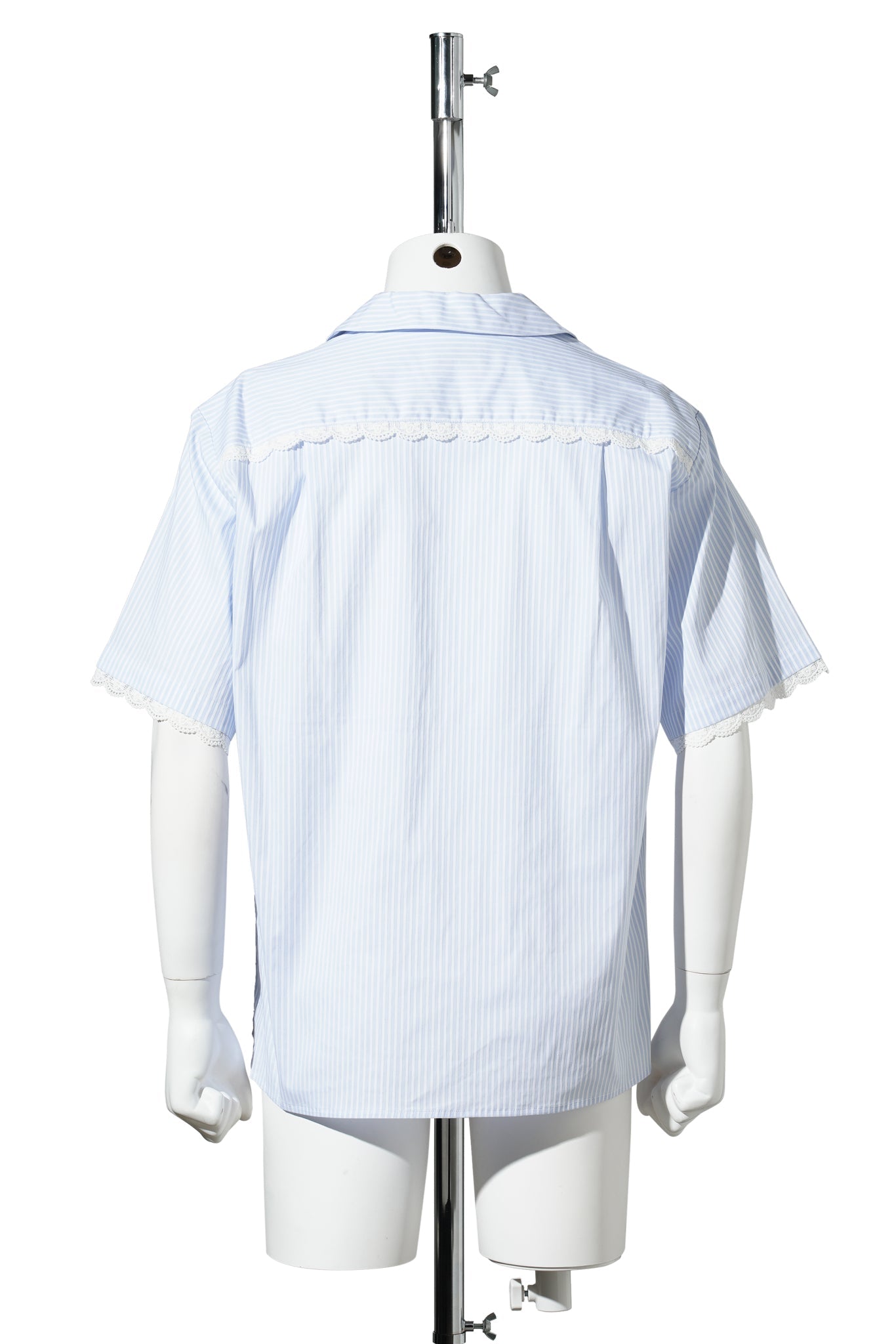 LACE TRIMMED OPEN COLLAR S/S SHIRT / BLUE STRIPE