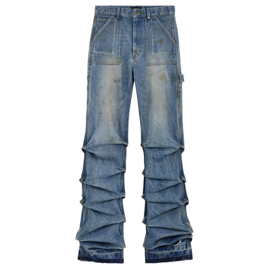 WASHED AND WRINKLED DENIM PANTS / BLUE