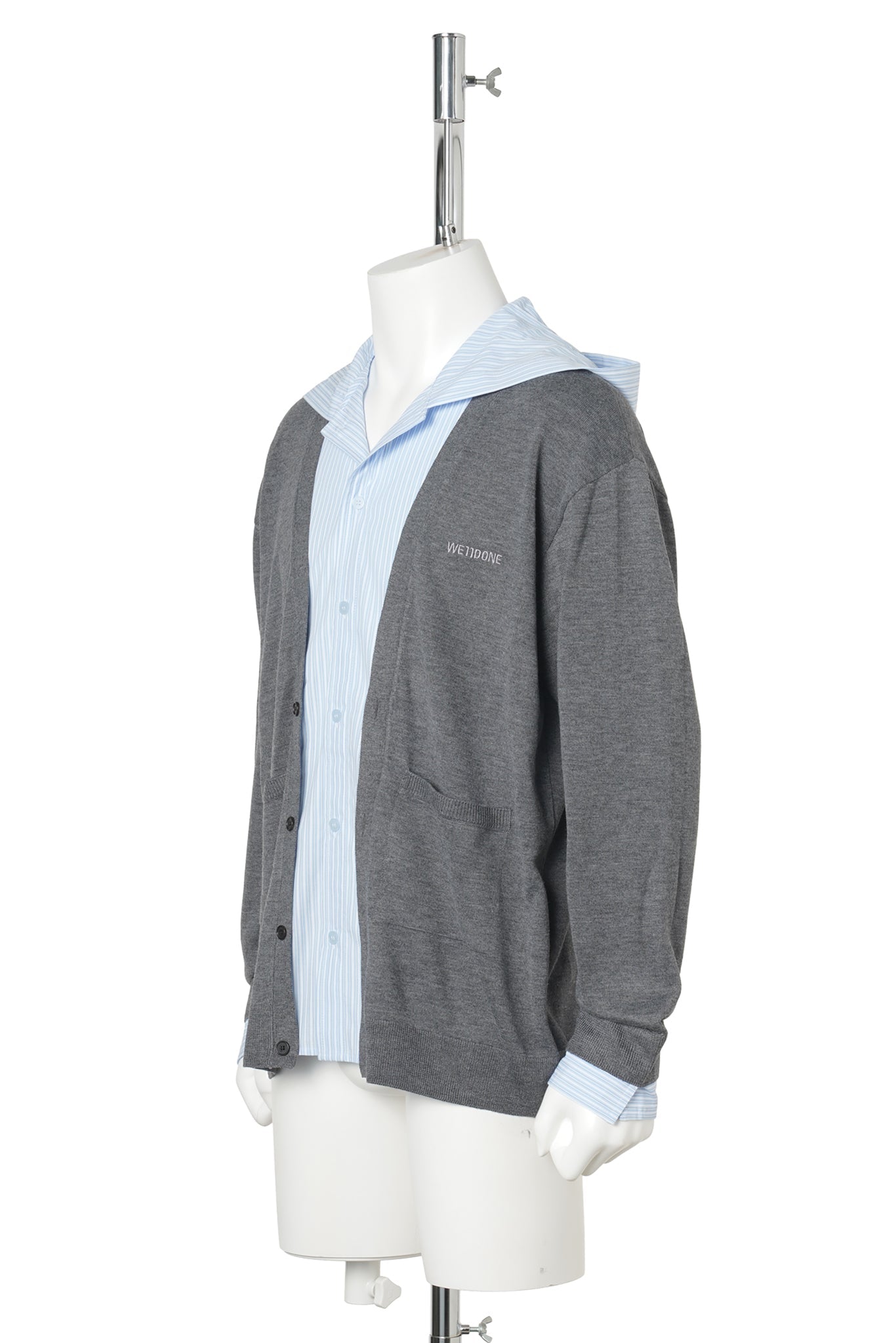 CHARCOAL STRIPE HOODED SHIRT-LAYERED CARDIGAN / CHARCOAL