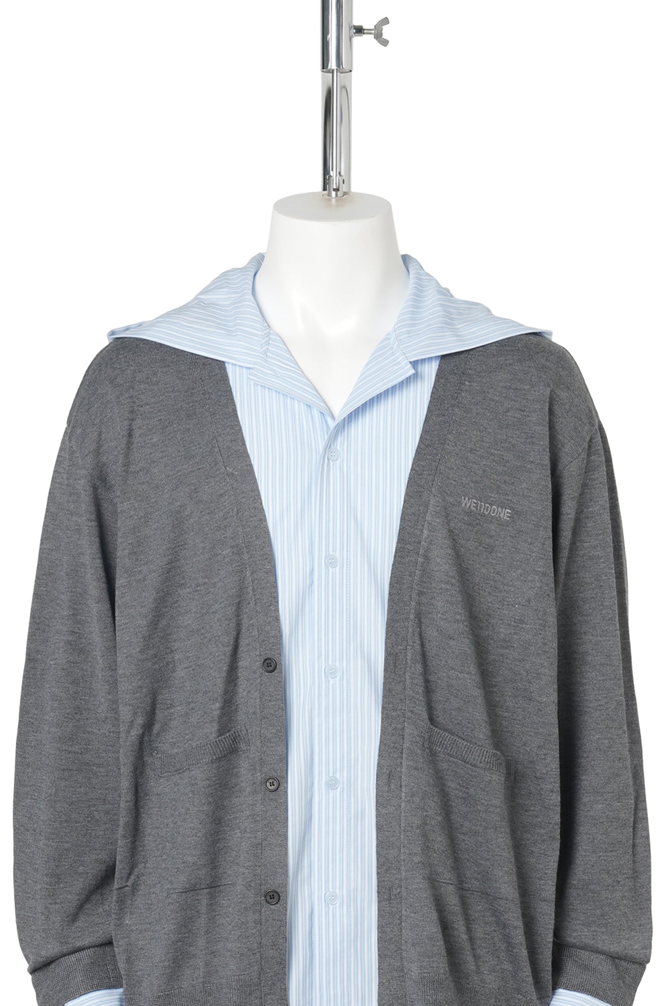 CHARCOAL STRIPE HOODED SHIRT-LAYERED CARDIGAN / CHARCOAL