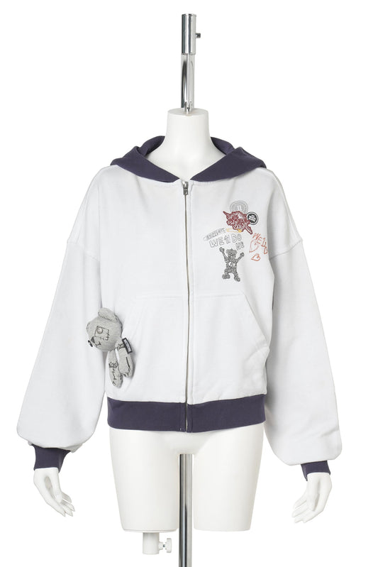 WHITE WASHED DOODLE TEDDY HOODIE ZIP-UP / WHITE