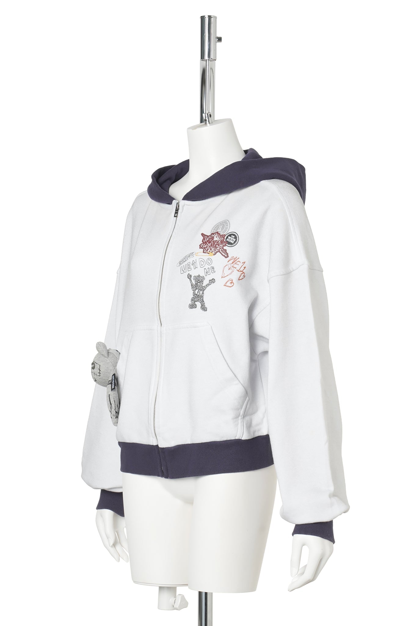 WHITE WASHED DOODLE TEDDY HOODIE ZIP-UP / WHITE
