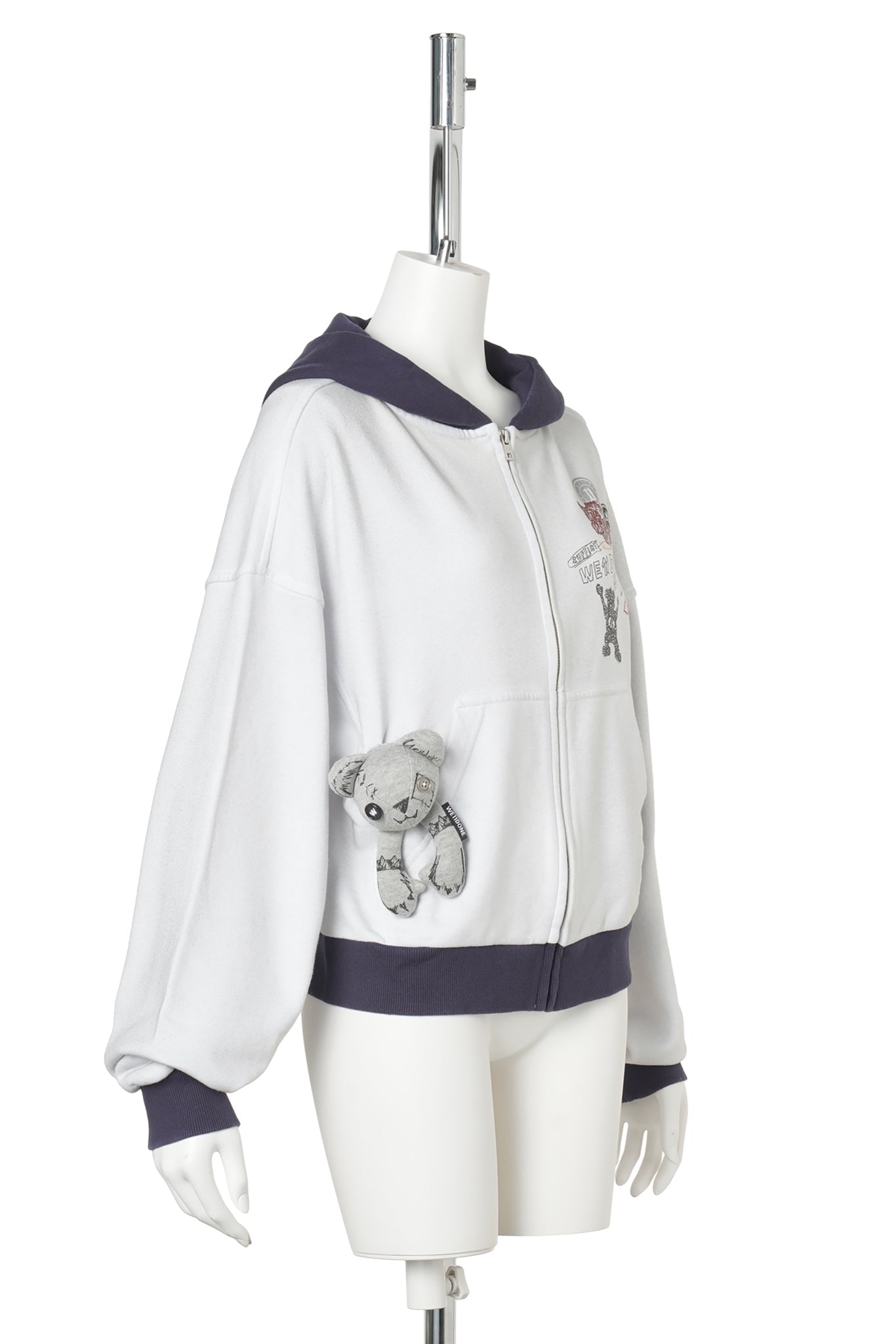 WHITE WASHED DOODLE TEDDY HOODIE ZIP-UP / WHITE