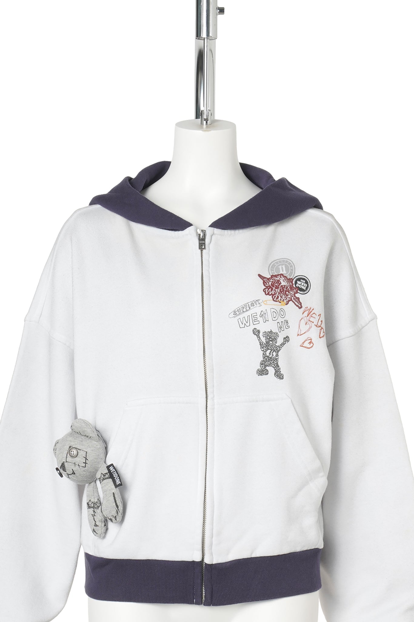 WHITE WASHED DOODLE TEDDY HOODIE ZIP-UP / WHITE