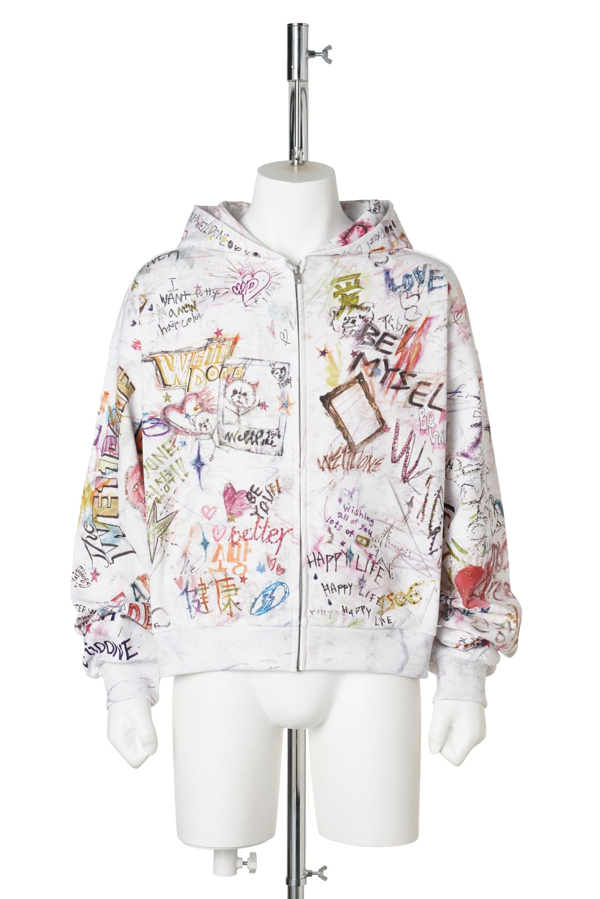 WHITE WISH DOODLE HOODIE ZIP-UP / WHITE