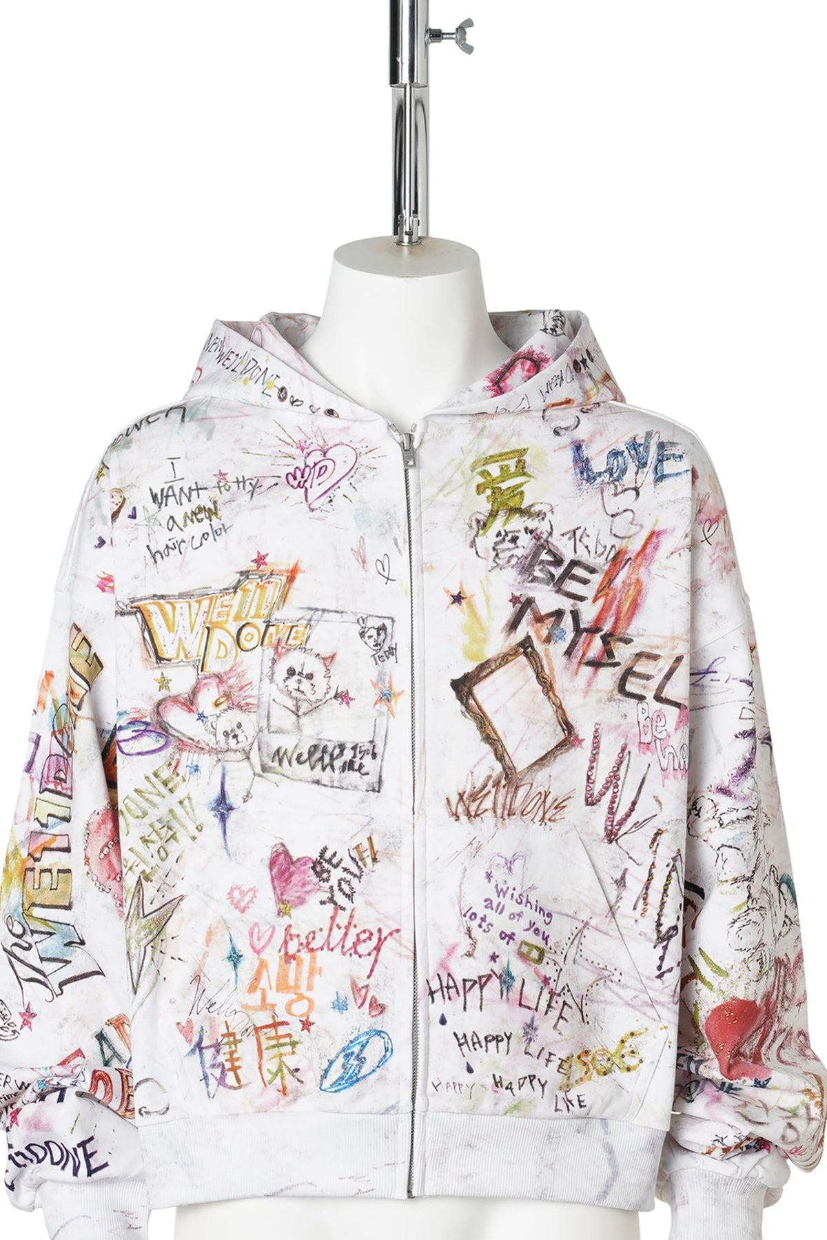 WHITE WISH DOODLE HOODIE ZIP-UP / WHITE