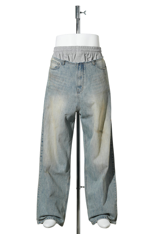 BLUE SWEATPANTS LAYERED DENIM PANTS / BLUE