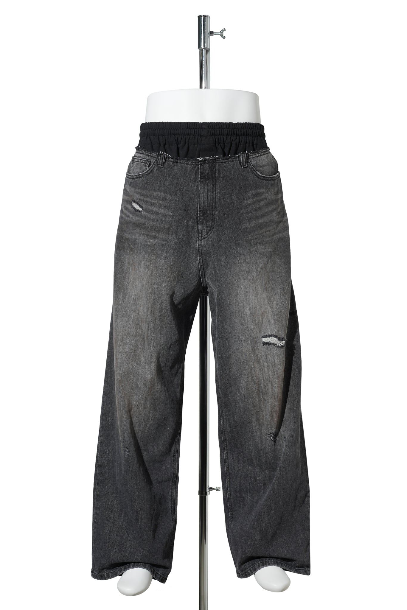 BLACK SWEATPANTS LAYERED DENIM PANTS / BLACK