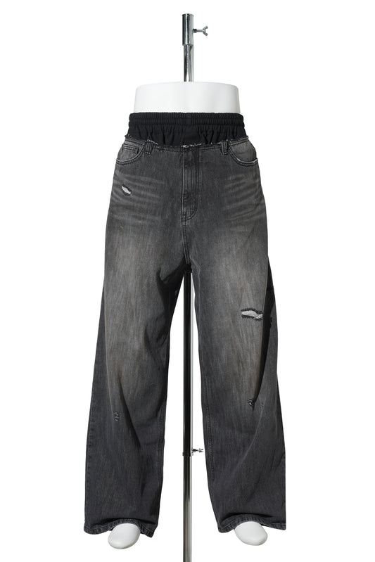 BLACK SWEATPANTS LAYERED DENIM PANTS / BLACK