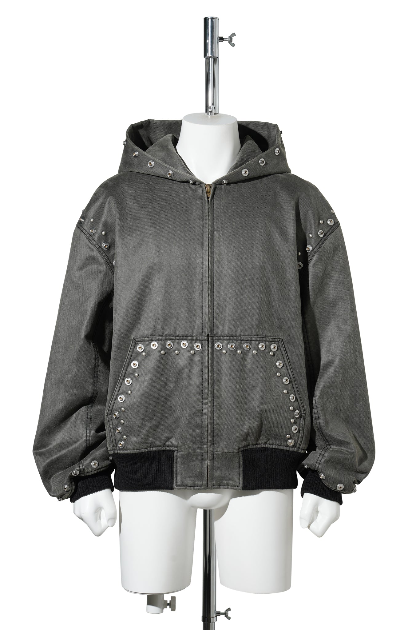 BLACK MENS STUDDED HOODIE JACKET / BLACK