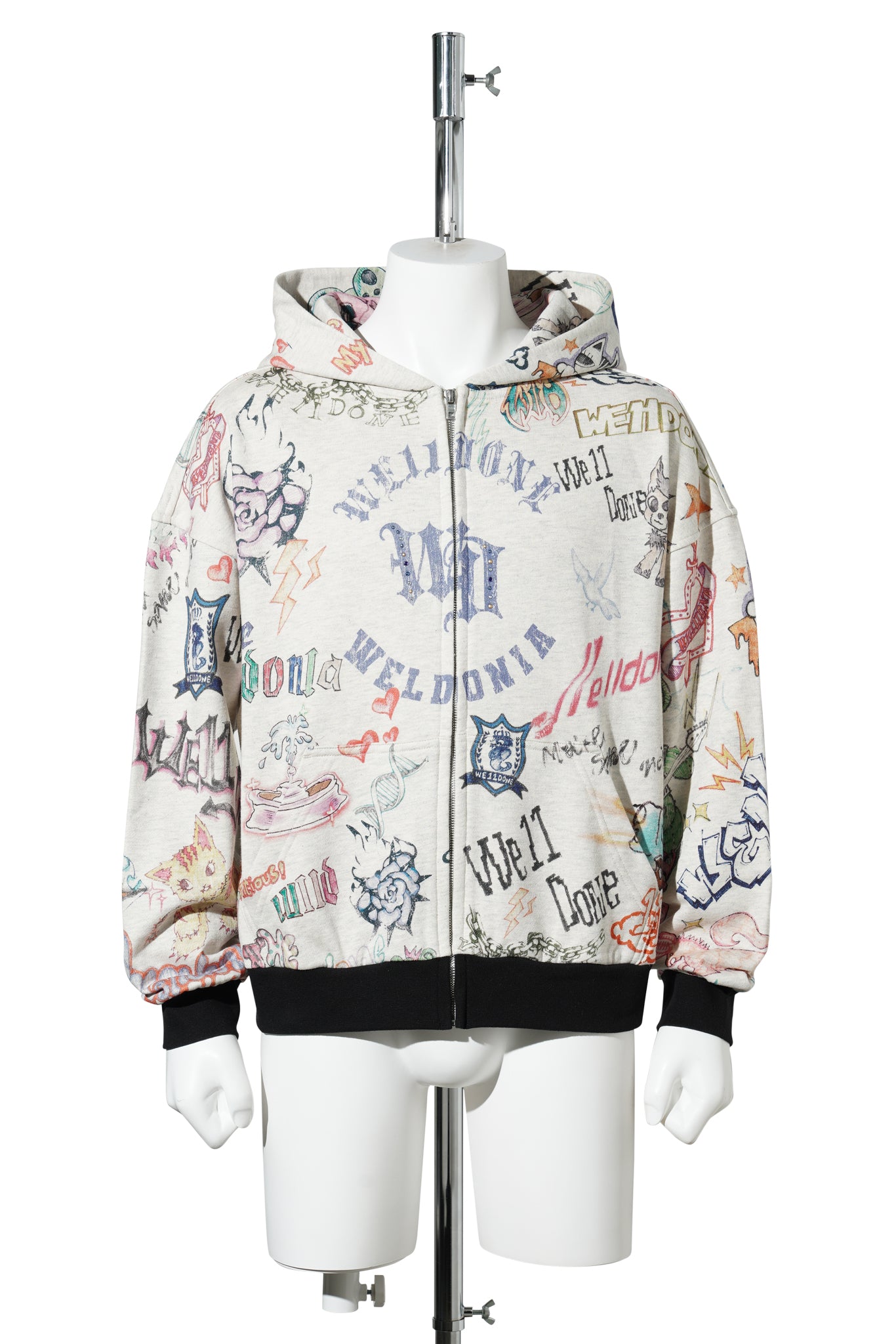 M/GREY DOODLE PRINTED ZIP-UP HOODIE / M/GREY