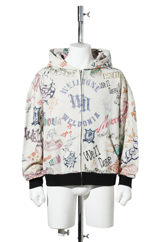 M/GREY DOODLE PRINTED ZIP-UP HOODIE / M/GREY