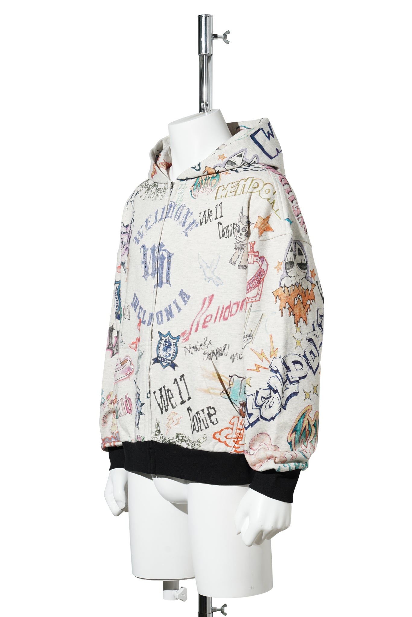 M/GREY DOODLE PRINTED ZIP-UP HOODIE / M/GREY