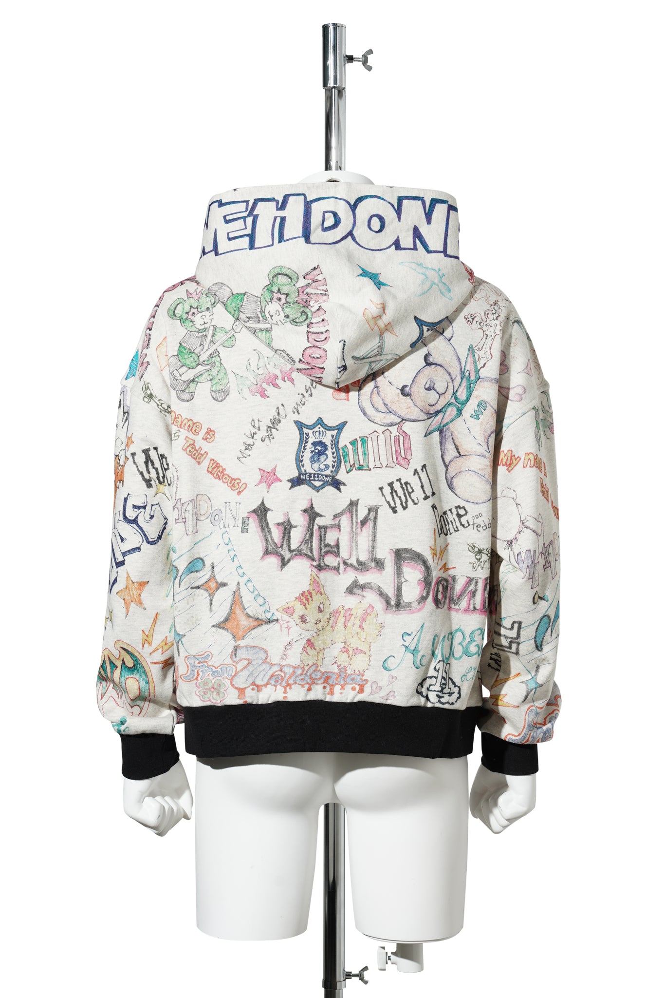 M/GREY DOODLE PRINTED ZIP-UP HOODIE / M/GREY