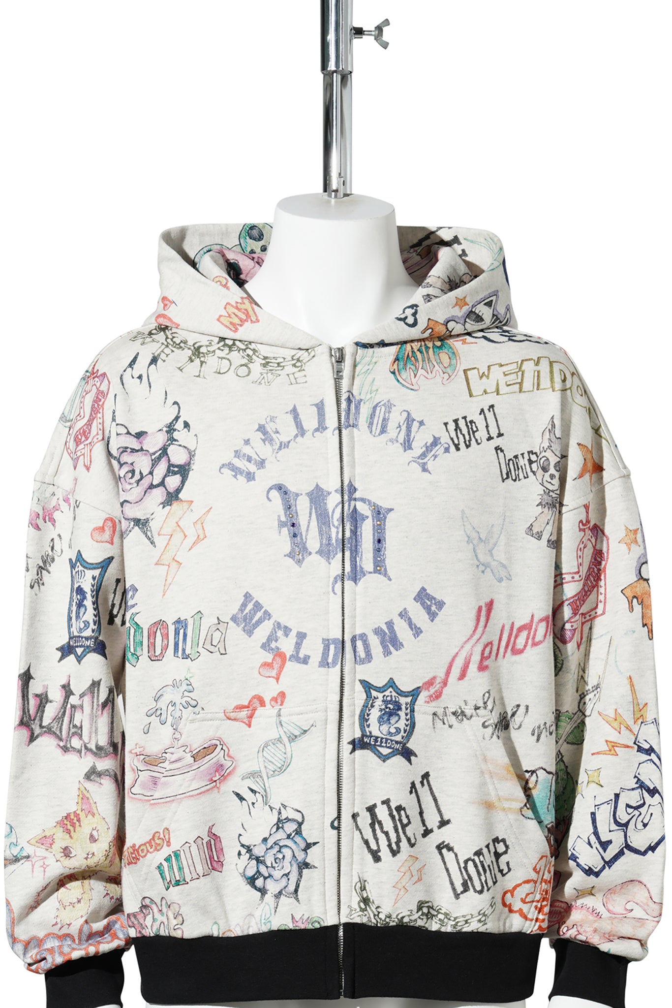 M/GREY DOODLE PRINTED ZIP-UP HOODIE / M/GREY