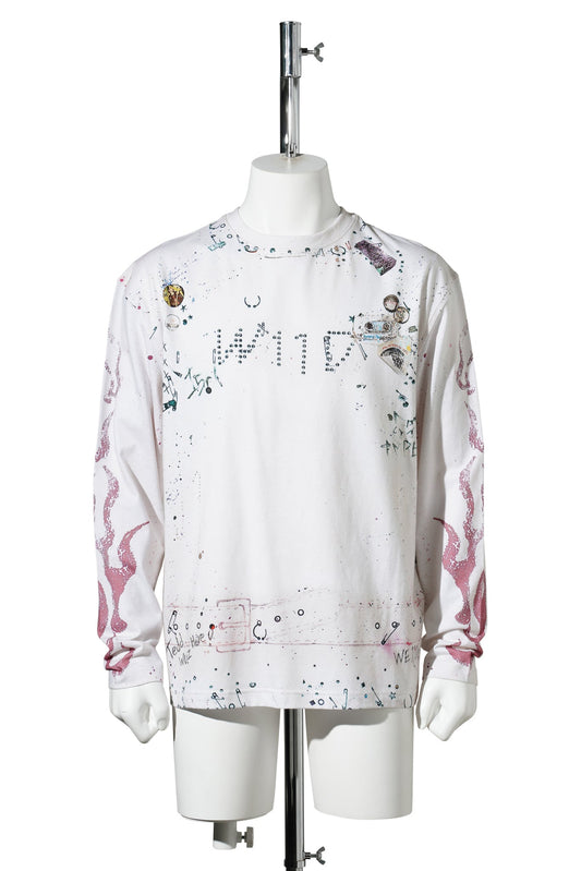 WHITE TROMPE-L'OEIL PIERCED LONG-SLEEVED T-SHIRT / WHITE