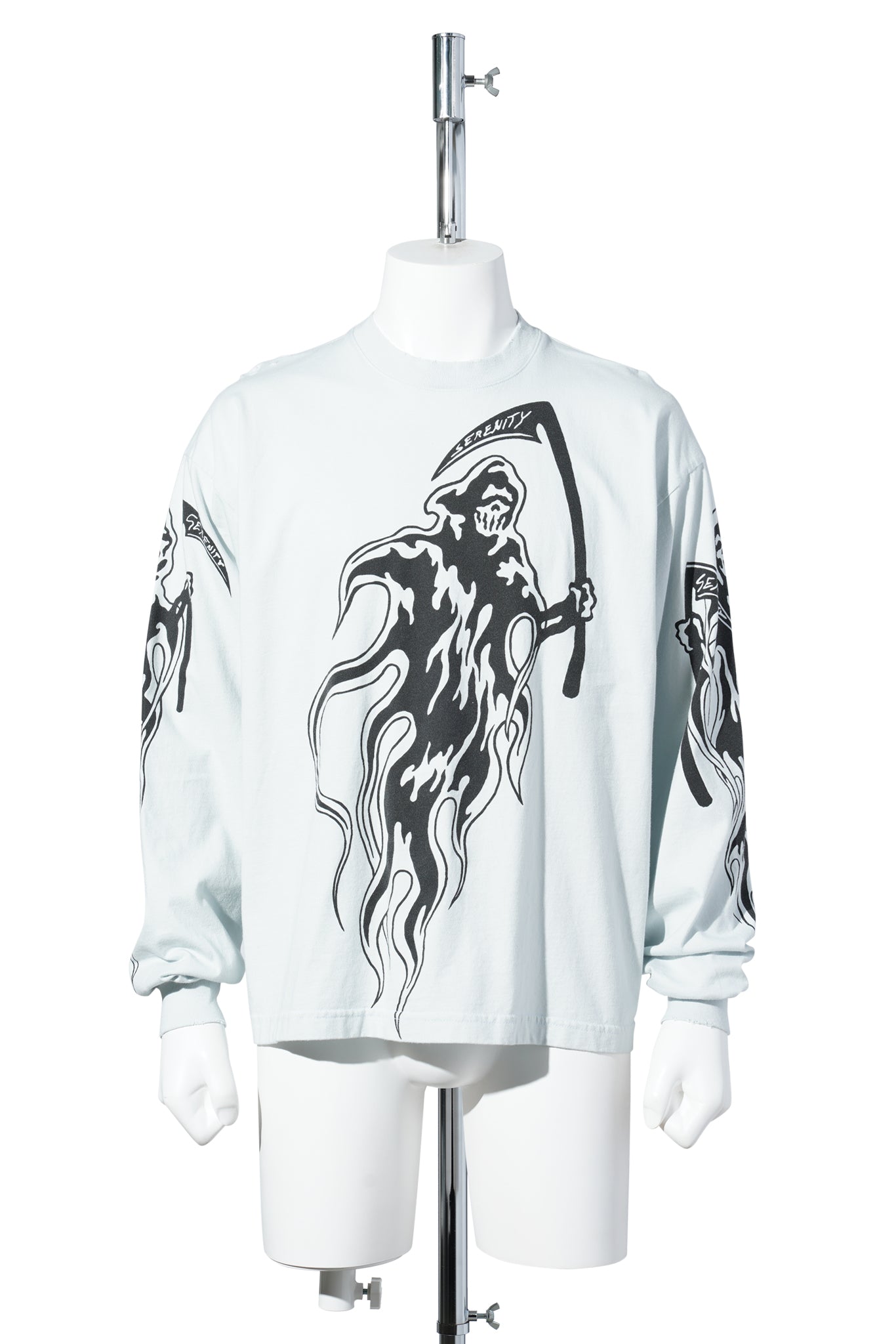 SERENITY REAPER STAPLE DISTRESSED LONG SLEEVE T-SHIRT / ICE GREY