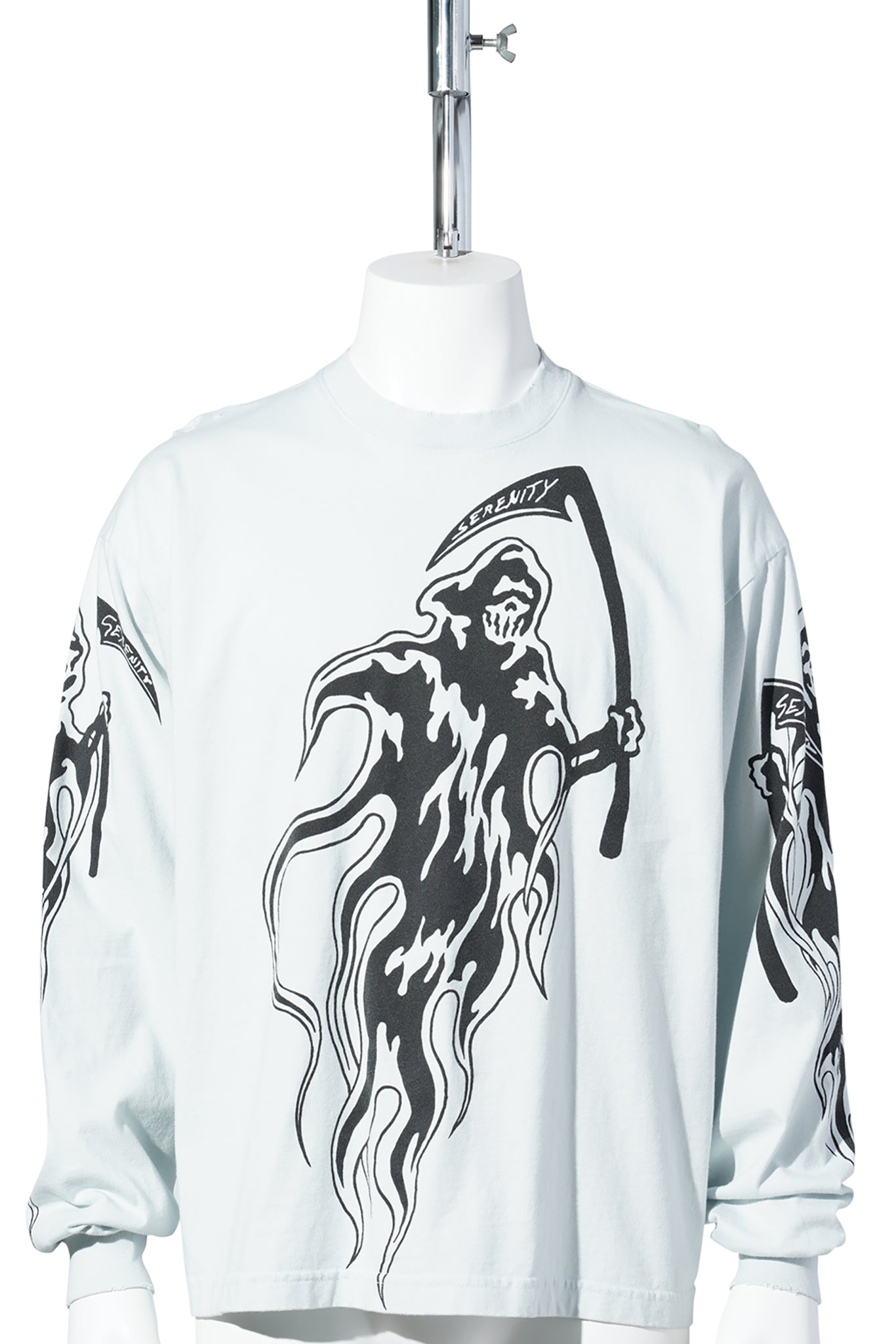 SERENITY REAPER STAPLE DISTRESSED LONG SLEEVE T-SHIRT / ICE GREY