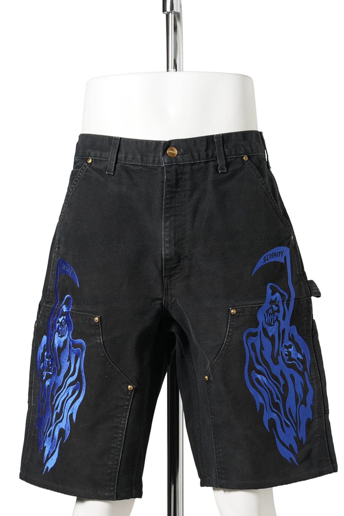 SERENITY VINTAGE CARHARTT DOUBLE KNEE SHORTS / BLACK/ROYAL BLUE