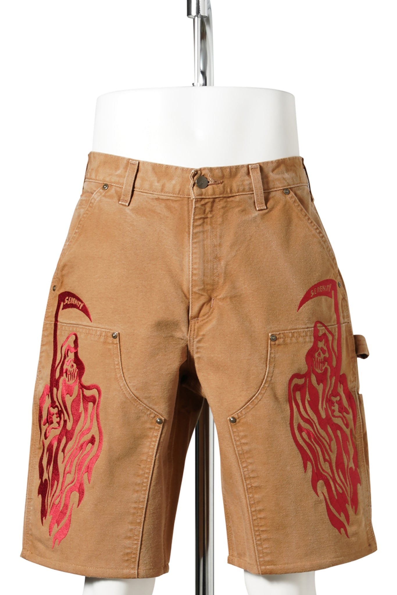 SERENITY VINTAGE CARHARTT DOUBLE KNEE SHORTS / TAN/CARDINAL