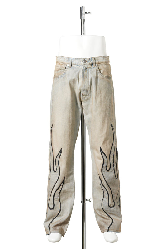 FLAME LEATHER APPLIQUÉ DENIM PANTS / DIRTY BLUE