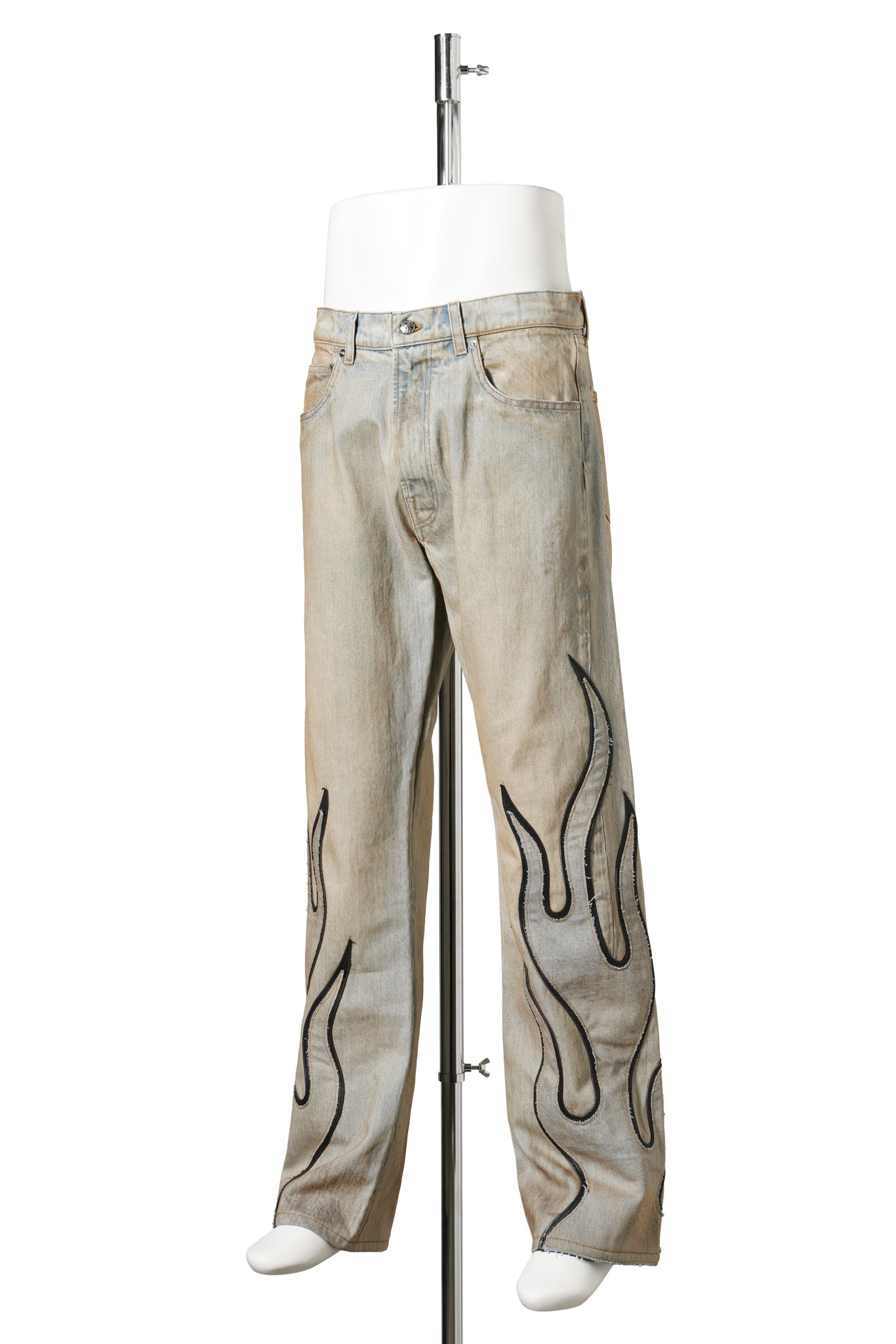 FLAME LEATHER APPLIQUÉ DENIM PANTS / DIRTY BLUE