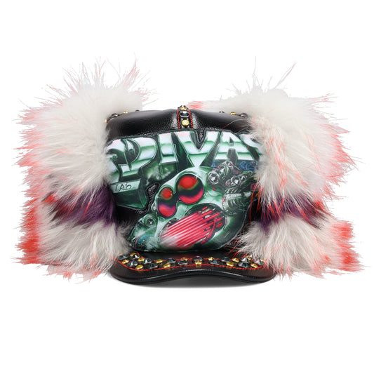 FAUX FUR & LEATHER BASEBALL HAT WITH CRYSTAL / BLACK