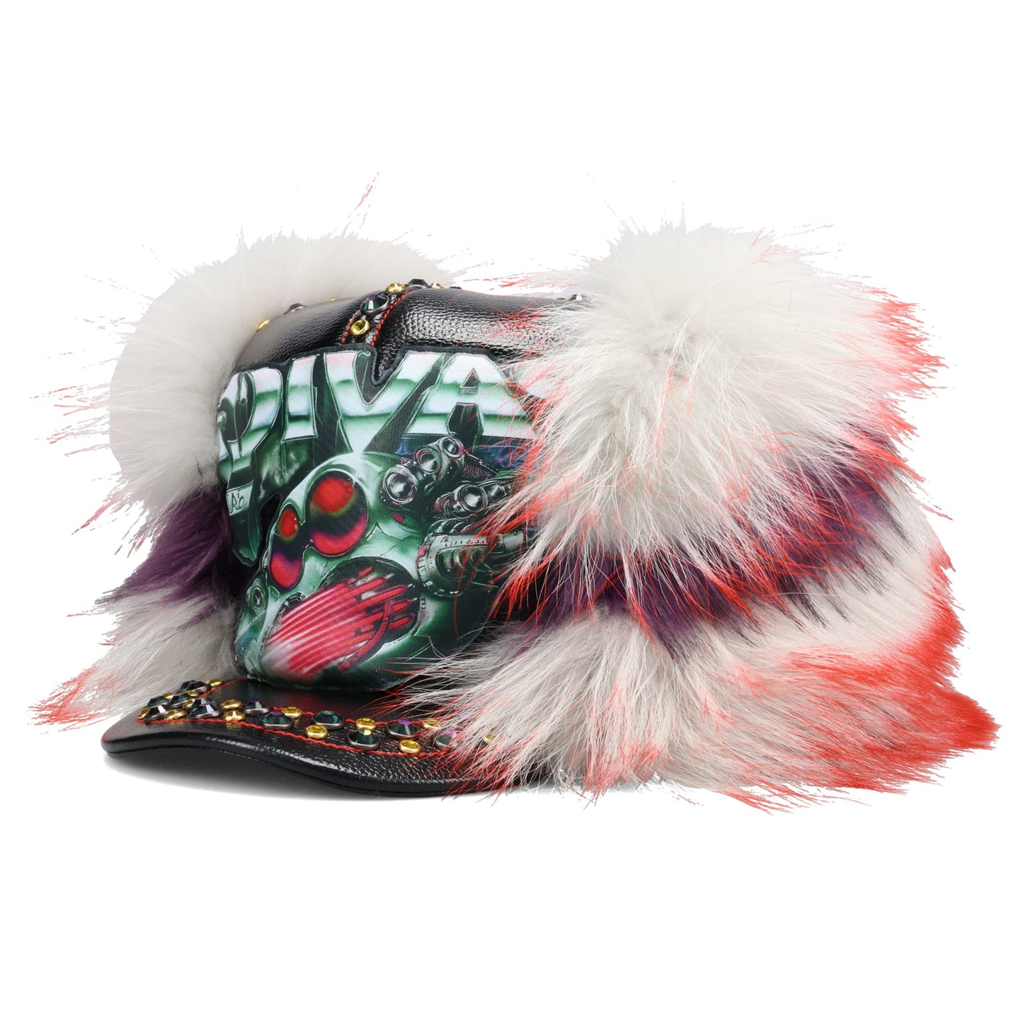 FAUX FUR & LEATHER BASEBALL HAT WITH CRYSTAL / BLACK