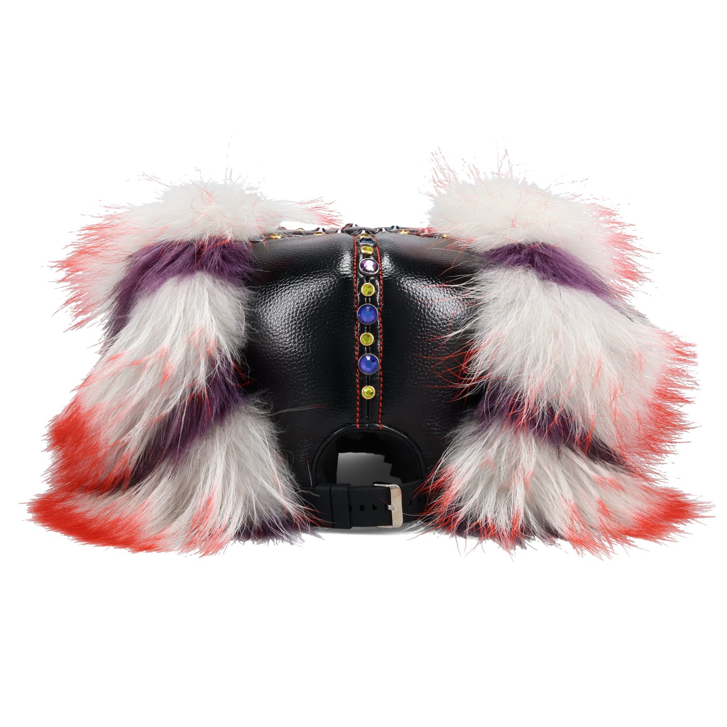 FAUX FUR & LEATHER BASEBALL HAT WITH CRYSTAL / BLACK