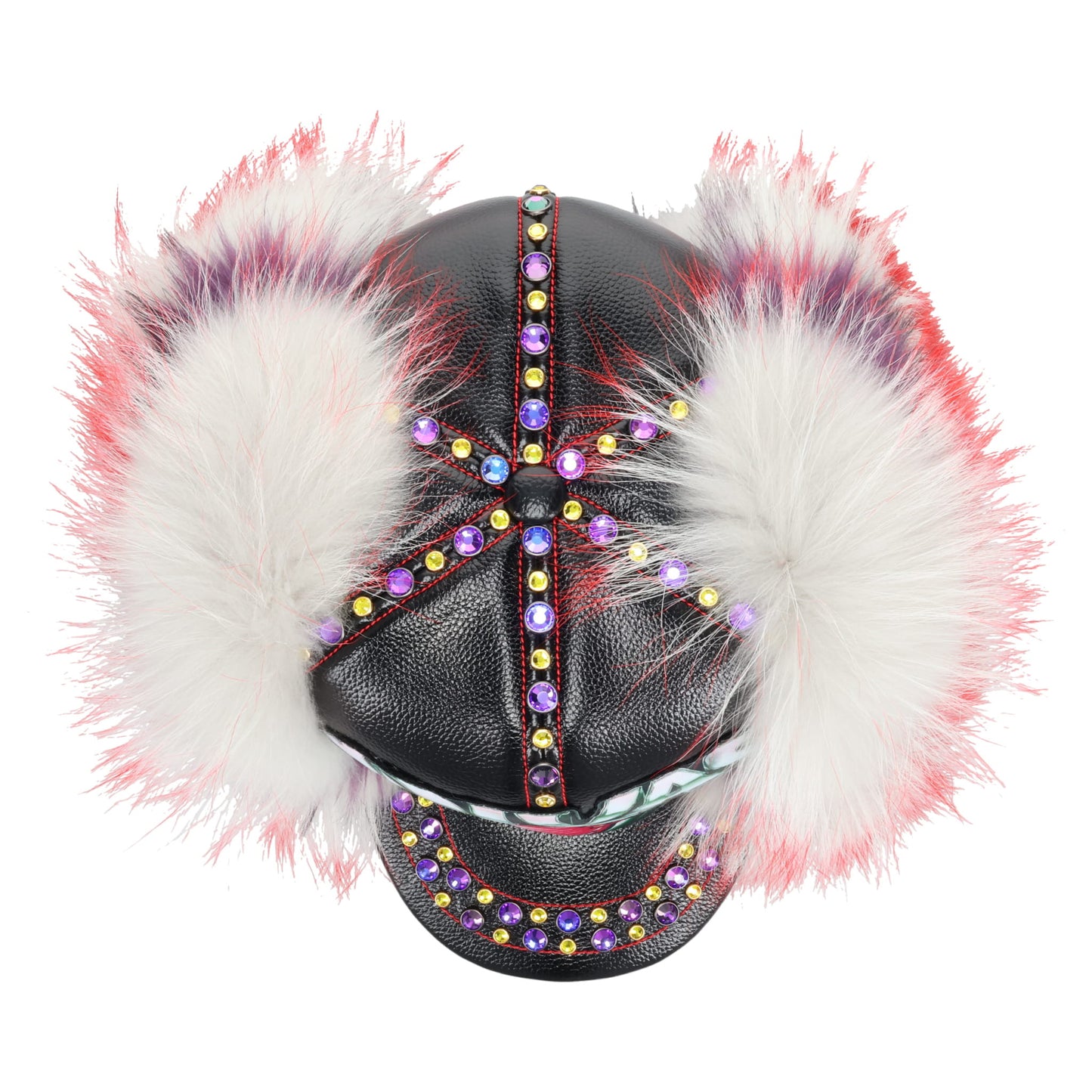FAUX FUR & LEATHER BASEBALL HAT WITH CRYSTAL / BLACK