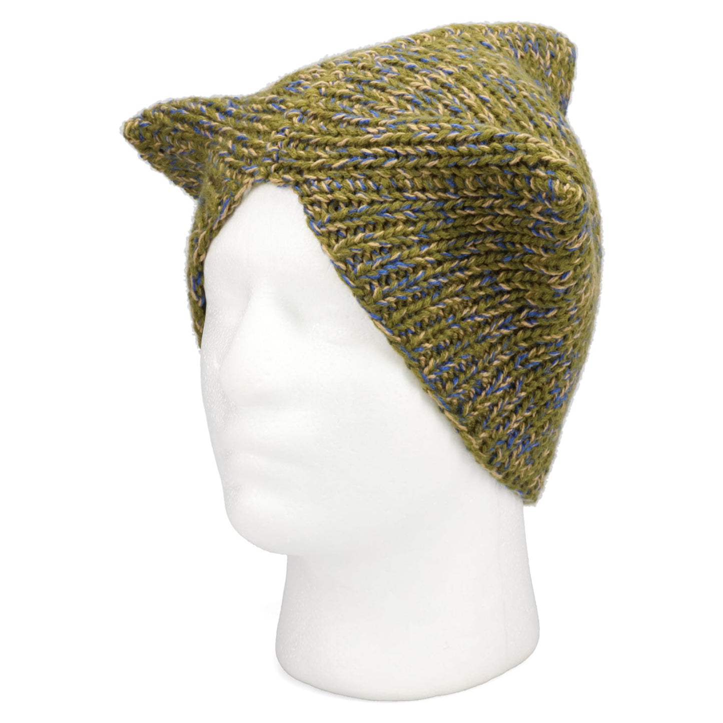 HAND KNITTED THORN BEANIE / KHAKI/BLUE