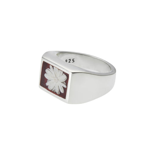 SIGNET RING WITH BORDEAUX FLOWER / SILVER