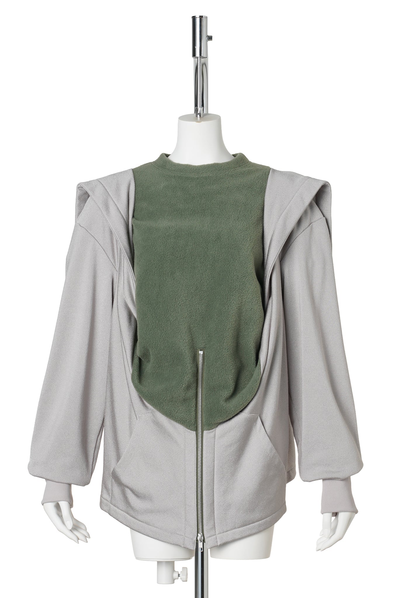 HOODIE LAYERED FLEECE TOP / KHAKI/GREY