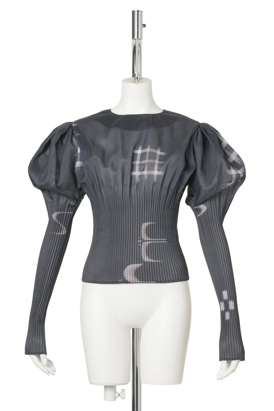 PUFF SLEEVED PLEATS TOP (PRINT) / BLACK