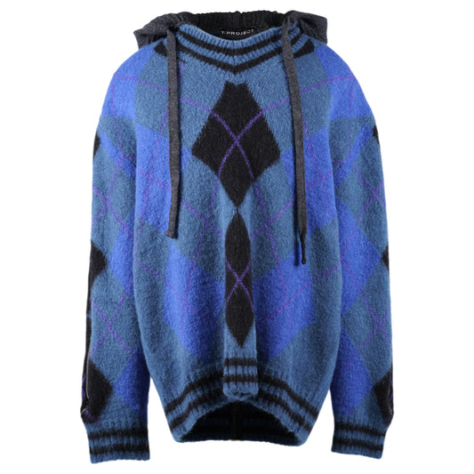 ZIP INSERT HOOD PULLOVER / BLUE/GREY ARGYLE