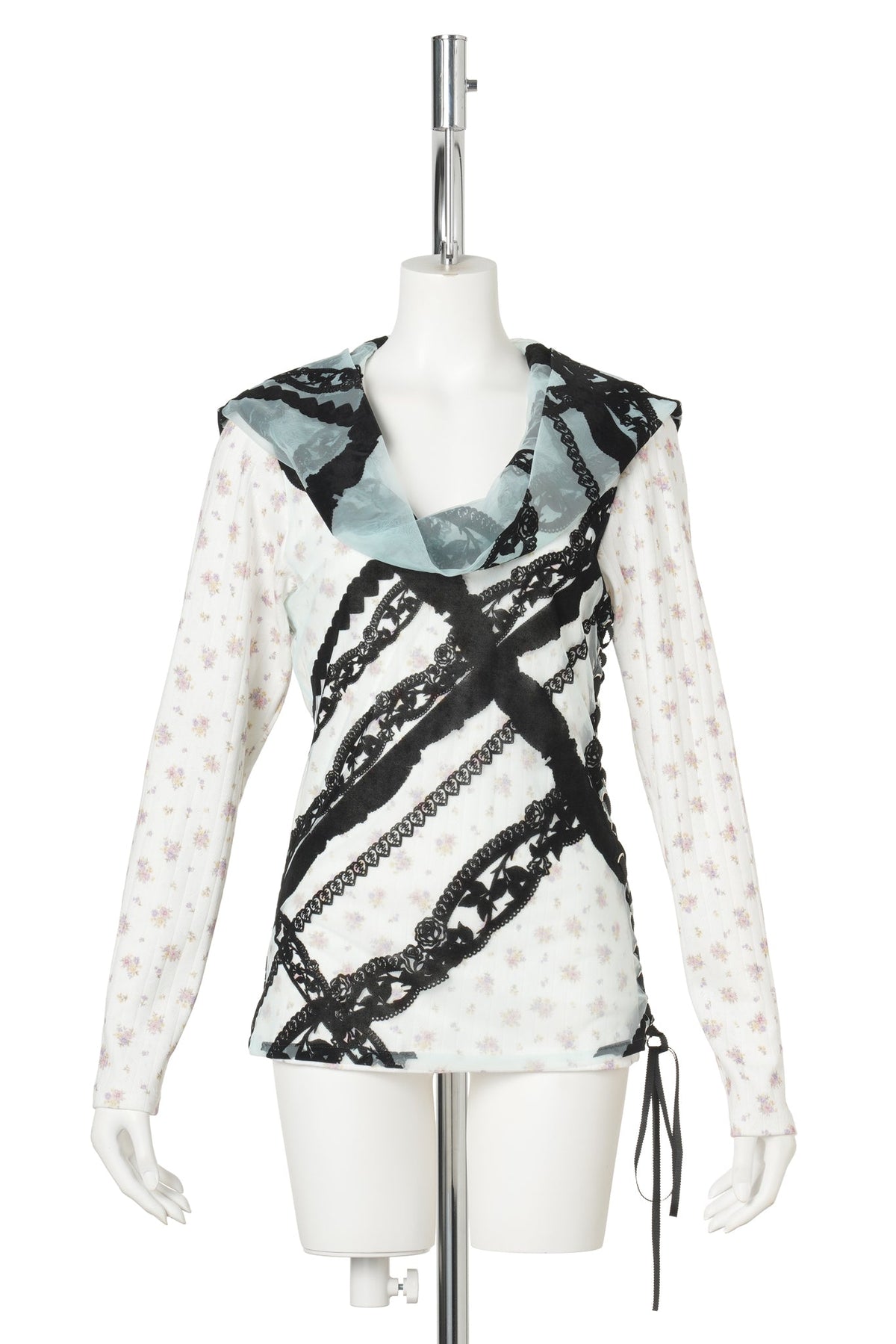 FLOCKED LACE HOODED TOP / BLACK/IVORY