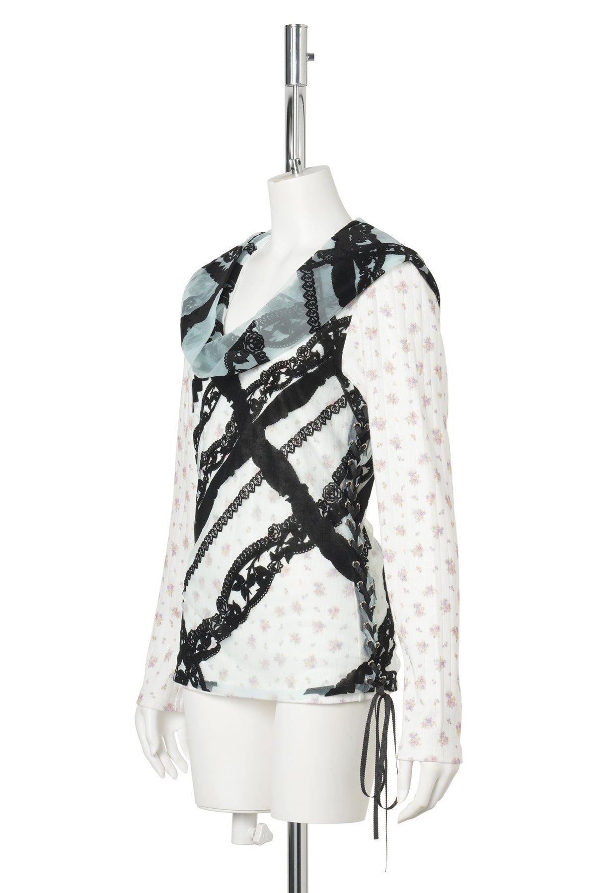 FLOCKED LACE HOODED TOP / BLACK/IVORY
