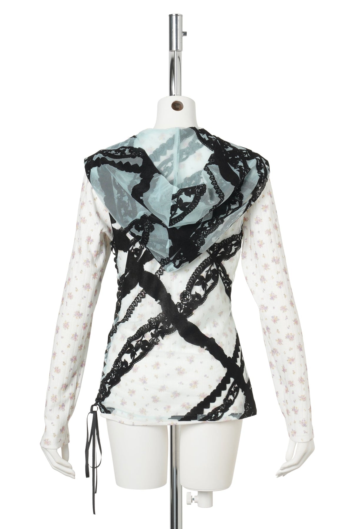 FLOCKED LACE HOODED TOP / BLACK/IVORY