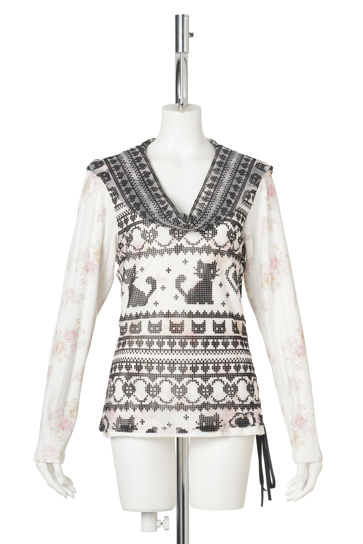 FLOCKED JACQUARD WRAP TOP / IVORY/CHARCOAL