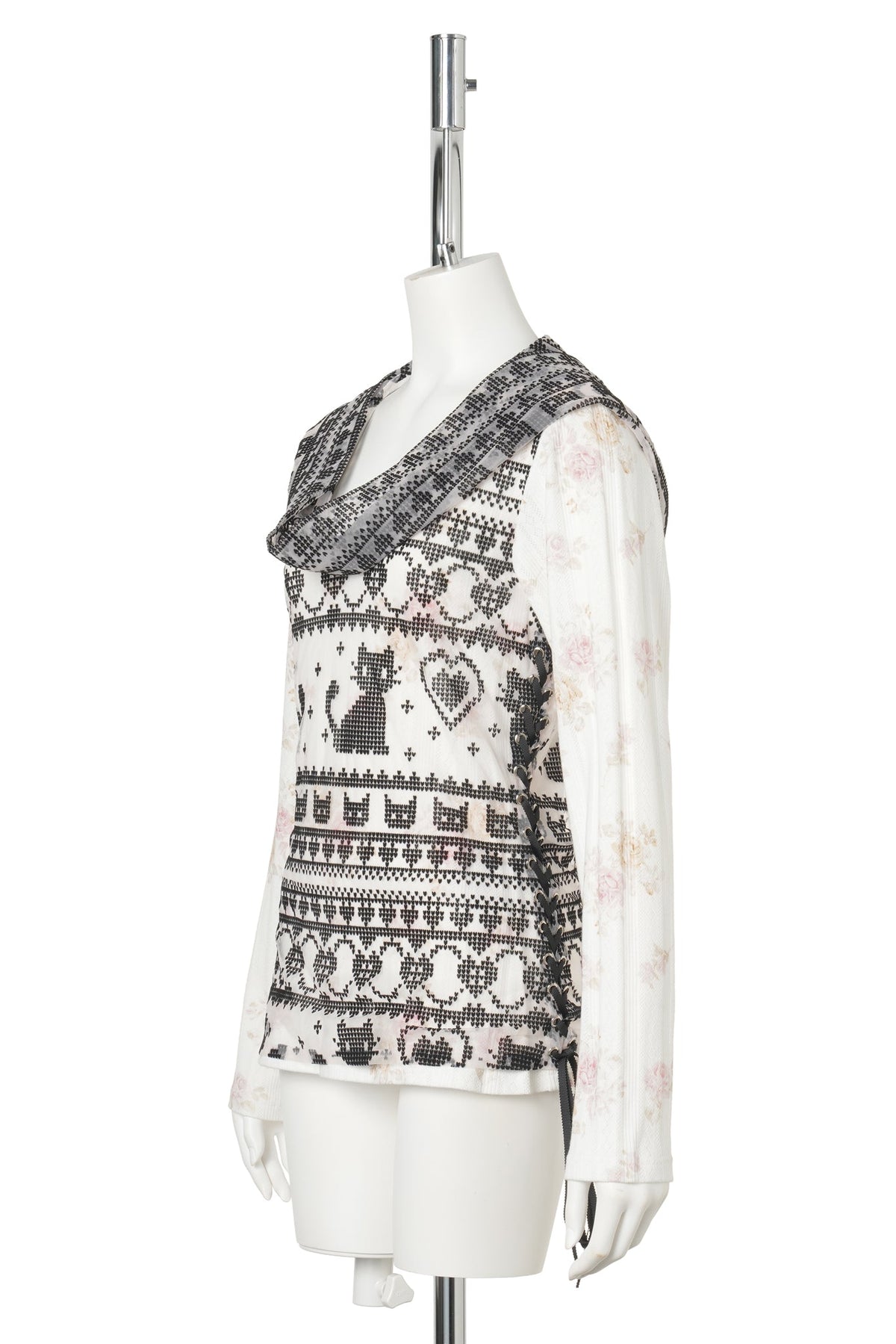 FLOCKED JACQUARD WRAP TOP / IVORY/CHARCOAL