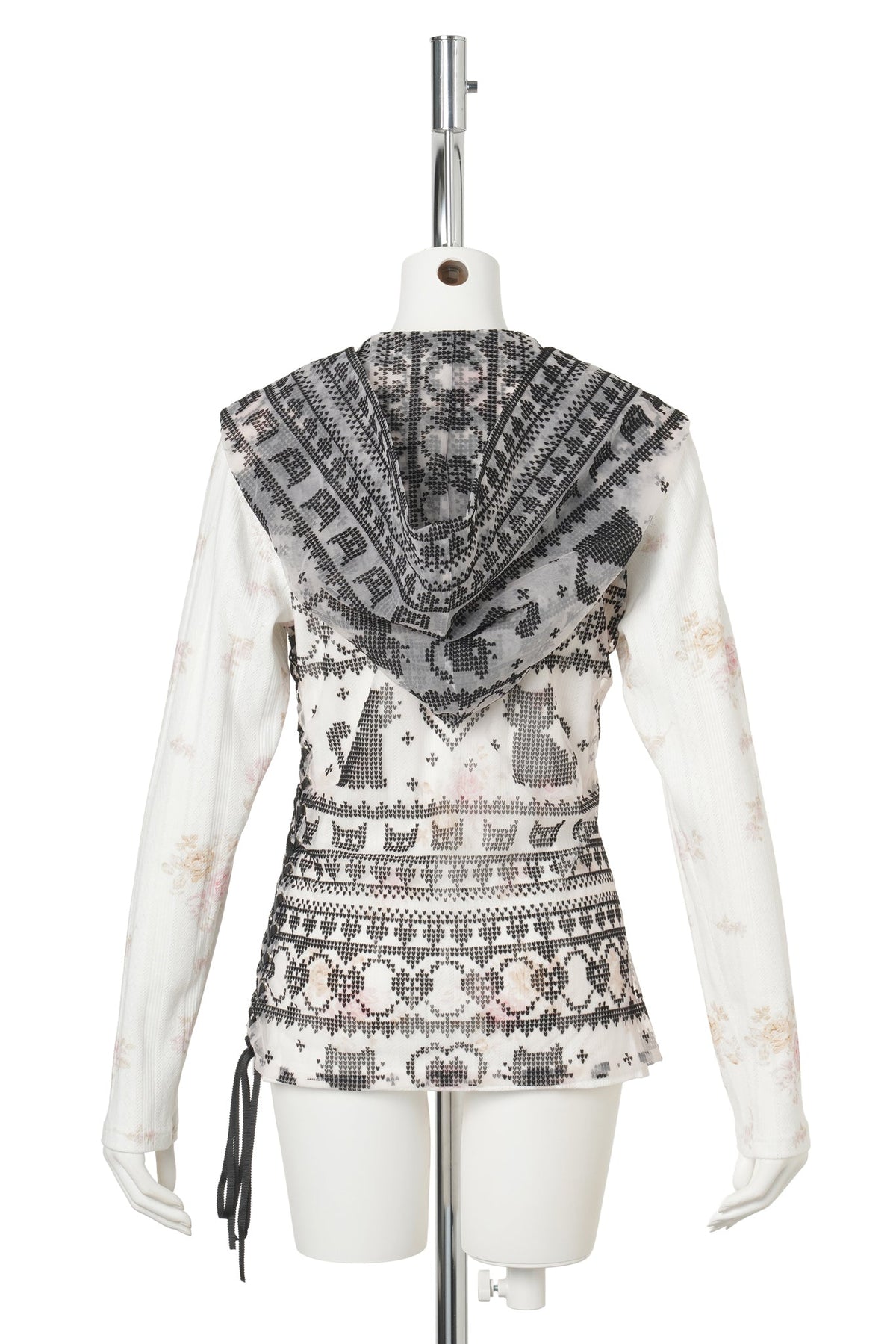 FLOCKED JACQUARD WRAP TOP / IVORY/CHARCOAL