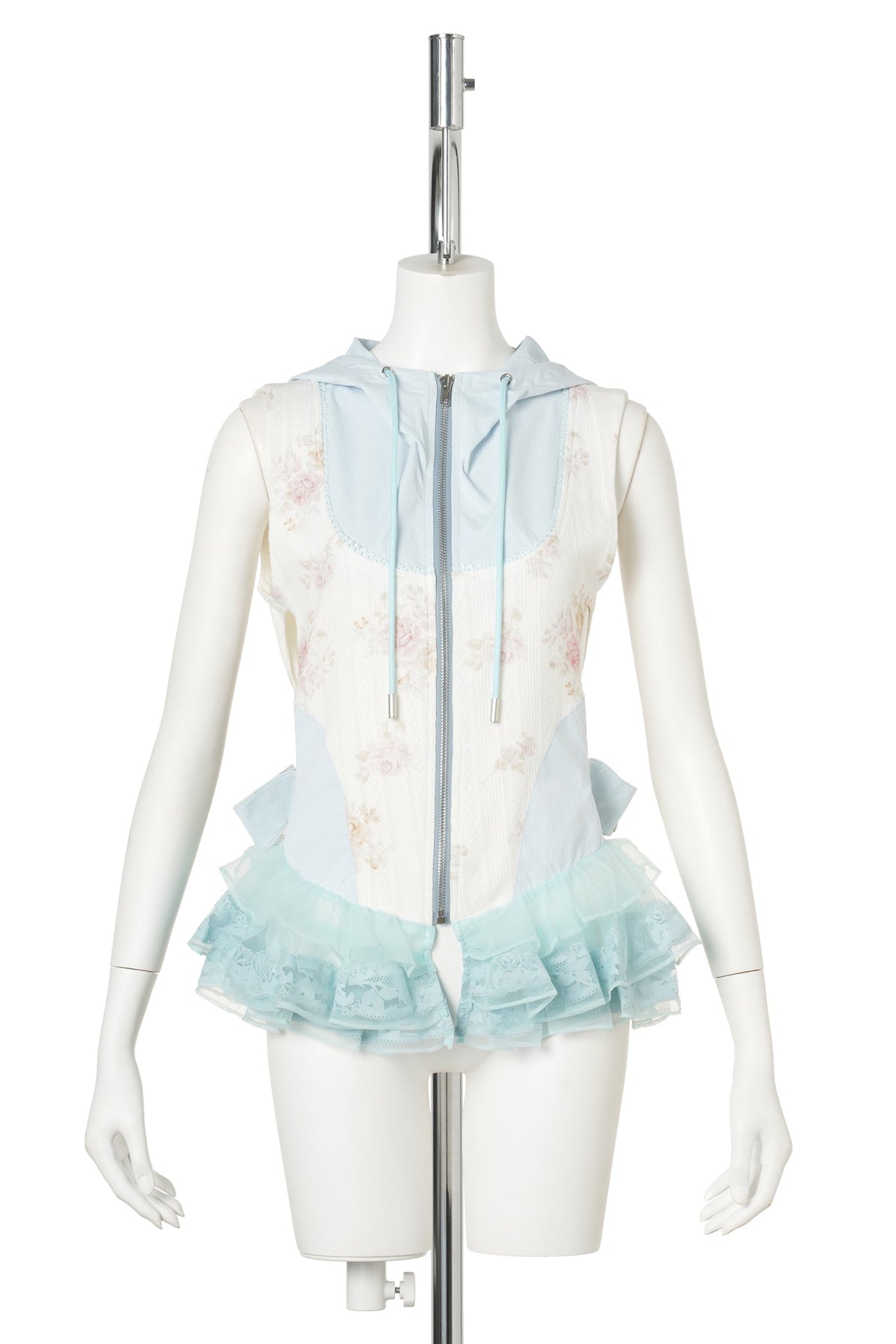 HOODED CORSET RUFFLE VEST / BLUE/IVORY