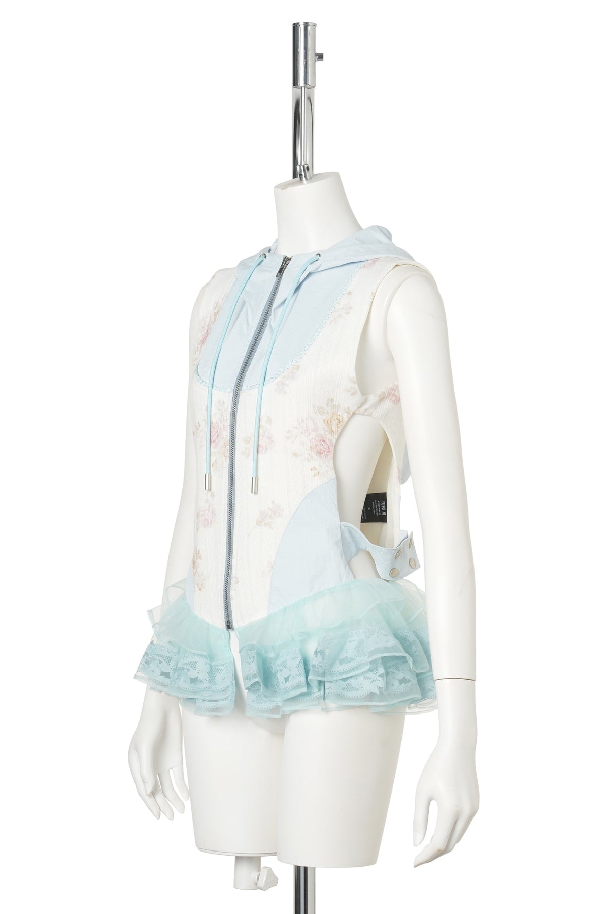 HOODED CORSET RUFFLE VEST / BLUE/IVORY