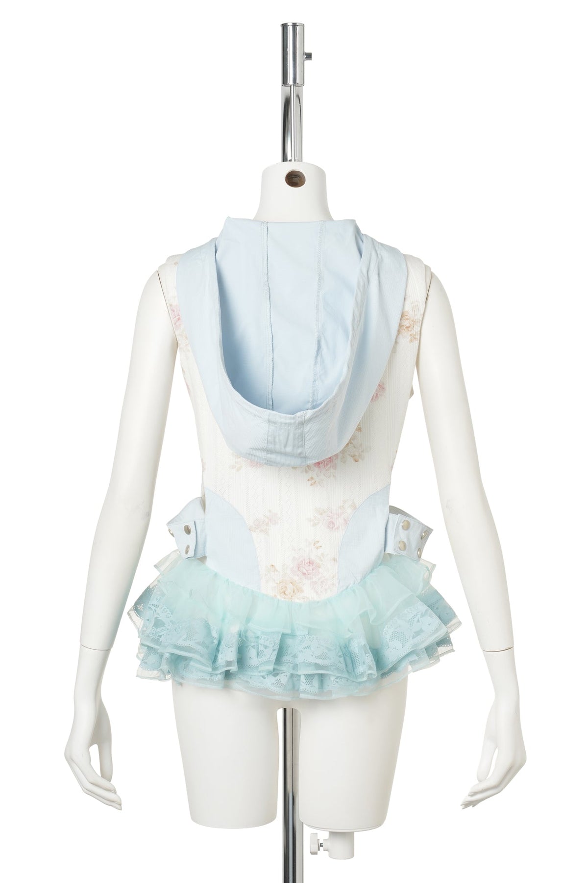 HOODED CORSET RUFFLE VEST / BLUE/IVORY