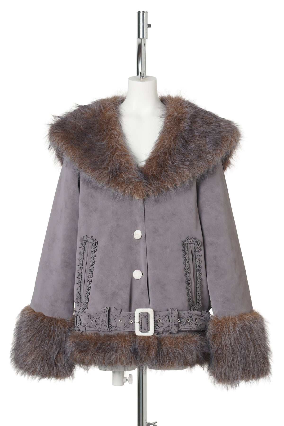 FUR LASER TRIM BELTED JACKET / ASH LILAC