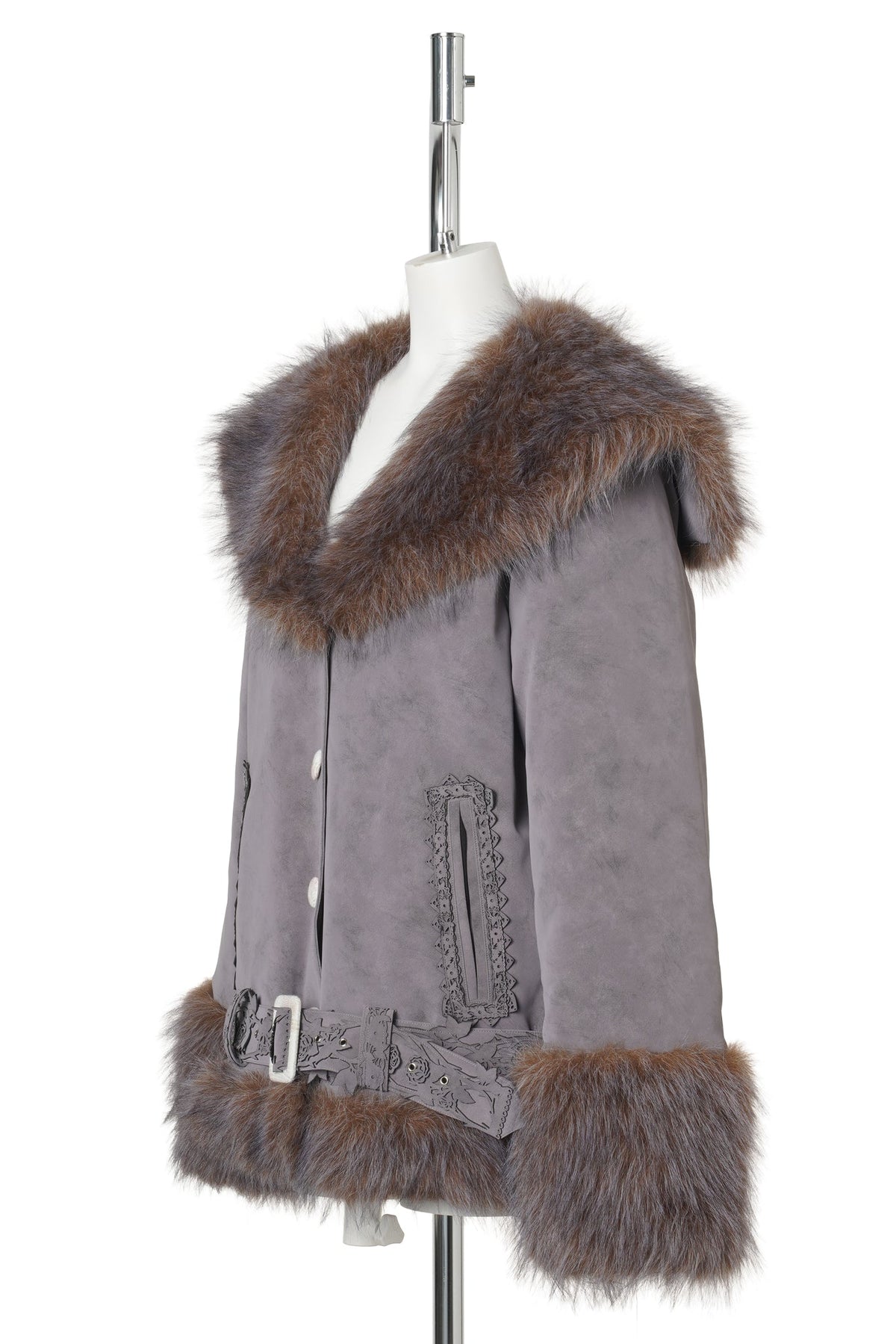 FUR LASER TRIM BELTED JACKET / ASH LILAC